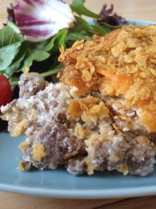 Connecticut Beef Supper -- Classic comfort food you will crave all year long. Layers of ground beef, potatoes, and a creamy sauce covered in cheese and corn flakes, this is a go-to family recipe. | thatwhichnourishes.com