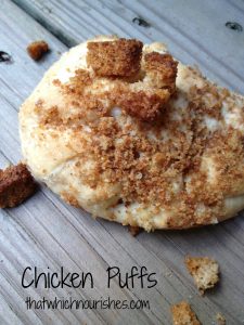 Chicken Puffs -- Savory, garlicky cream cheese marries tender chicken and fills a puff of pastry topped with crunchy croutons. This is a super easy weeknight meal or crowd pleaser as well. | thatwhichnourishes.com