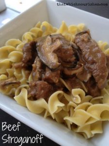 Beef Stroganoff -- Classic stroganoff made easy in the crockpot or stovetop. Tender beef in a rich gravy served over noodles or polenta. | thatwhichnourishes.com