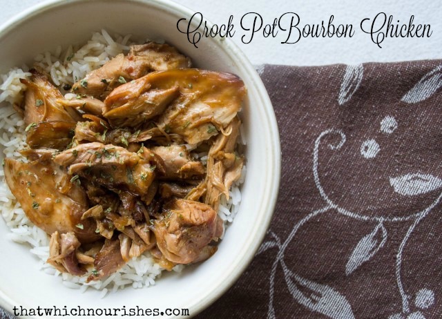 Crock Pot Bourbon Chicken -- The crock pot meal you dream of. Chicken thighs bathe in flavors that will make your mouth sing and your dinner easy as can be. Make the whole family happy with this meal! | thatwhichnourishes.com