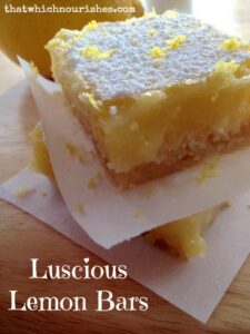 Luscious Lemon Bars -- These lemon bars have a shortbread crust, a tart, creamy center, and a pile of soft, sweet sugar on top -- just how a lemon dessert should taste. | thatwhichnourishes.com