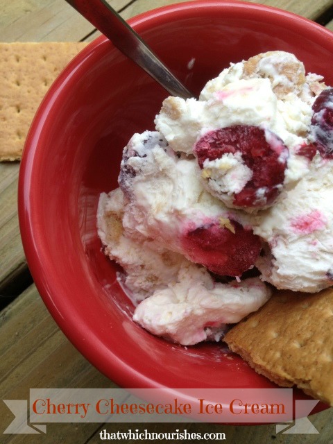 Cherry Cheesecake Ice Cream -- You don't need an ice cream maker to make this ice cream loaded with tart cherries and graham crackers for easy summer deliciousness! | thatwhichnourishes.com