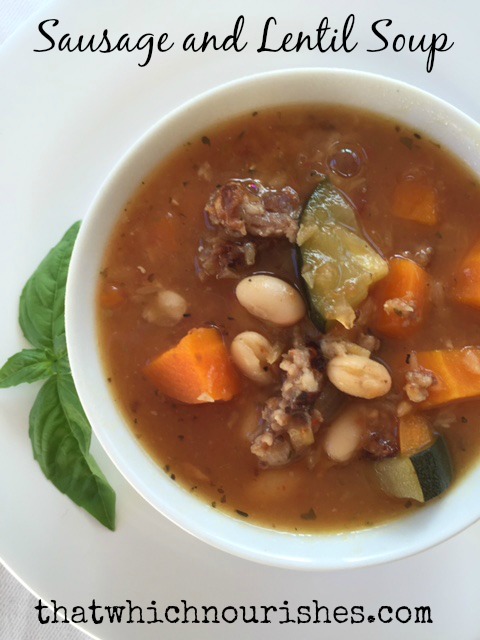 Sausage and Lentil Soup -- A hearty, savory soup packed with sausage, beans, lentils, and veggies. | thatwhichnourishes.com
