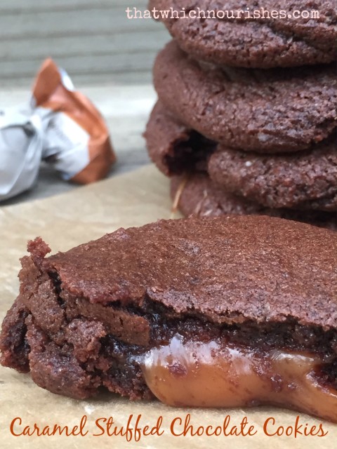 Caramel Stuffed Chocolate Cookies -- gooey caramel spills out of rich chocolate cookies | thatwhichnourishes.com