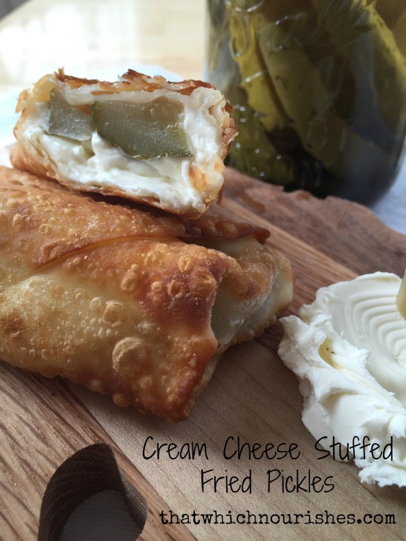 Cream Cheese Stuffed Fried Pickles -- Because what could be better than the crunch of a salty pickle tucked in a blanket of cream cheese and wrapped and fried in healthy oil? Three ingredients and you have an easy showstopper! | thatwhichnourishes.com