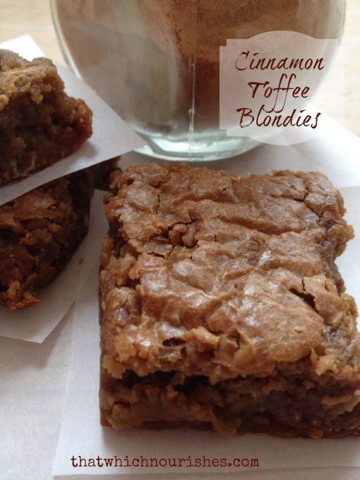 Cinnamon Toffee Blondies -- These chewy blondies give you the chewy brownie-like texture you crave with a delicious cinnamon-y twist on flavor! | thatwhichnourishes.com