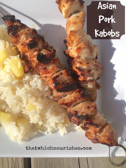 Asian Pork Kabob -- Tender, juicy, marinated bites of pork are grilled on kabobs for a perfect summer meal. | thatwhichnourishes.com