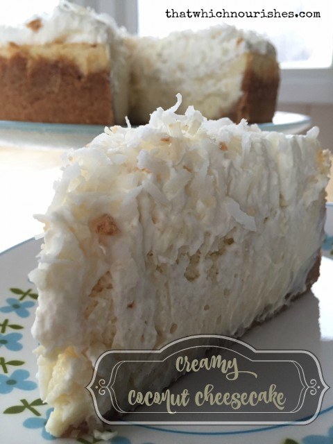 Creamy Coconut Cheesecake -- With a vanilla wafer and coconut crust, a layer of creamy coconut flavored cheesecake, and a coconut whipped cream topping, you are gonna be famous for this one. | thatwhichnourishes.com