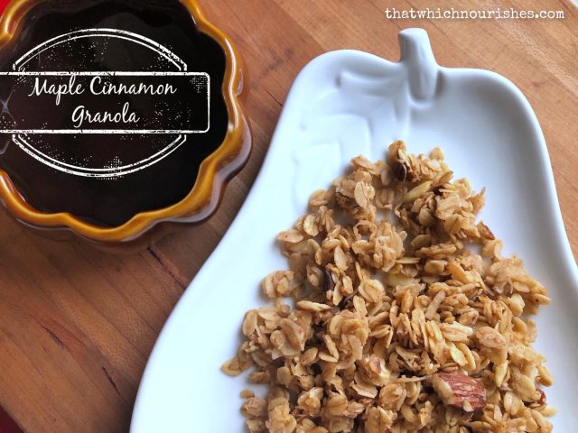 Maple Cinnamon Granola -- You just can't stop eating this stuff! Somewhere between crunchy and chewy, this granola is packed with honey, almonds, oats, coconut oil, and cinnamon -- and a ton of nourishment. | thatwhichnourishes.com