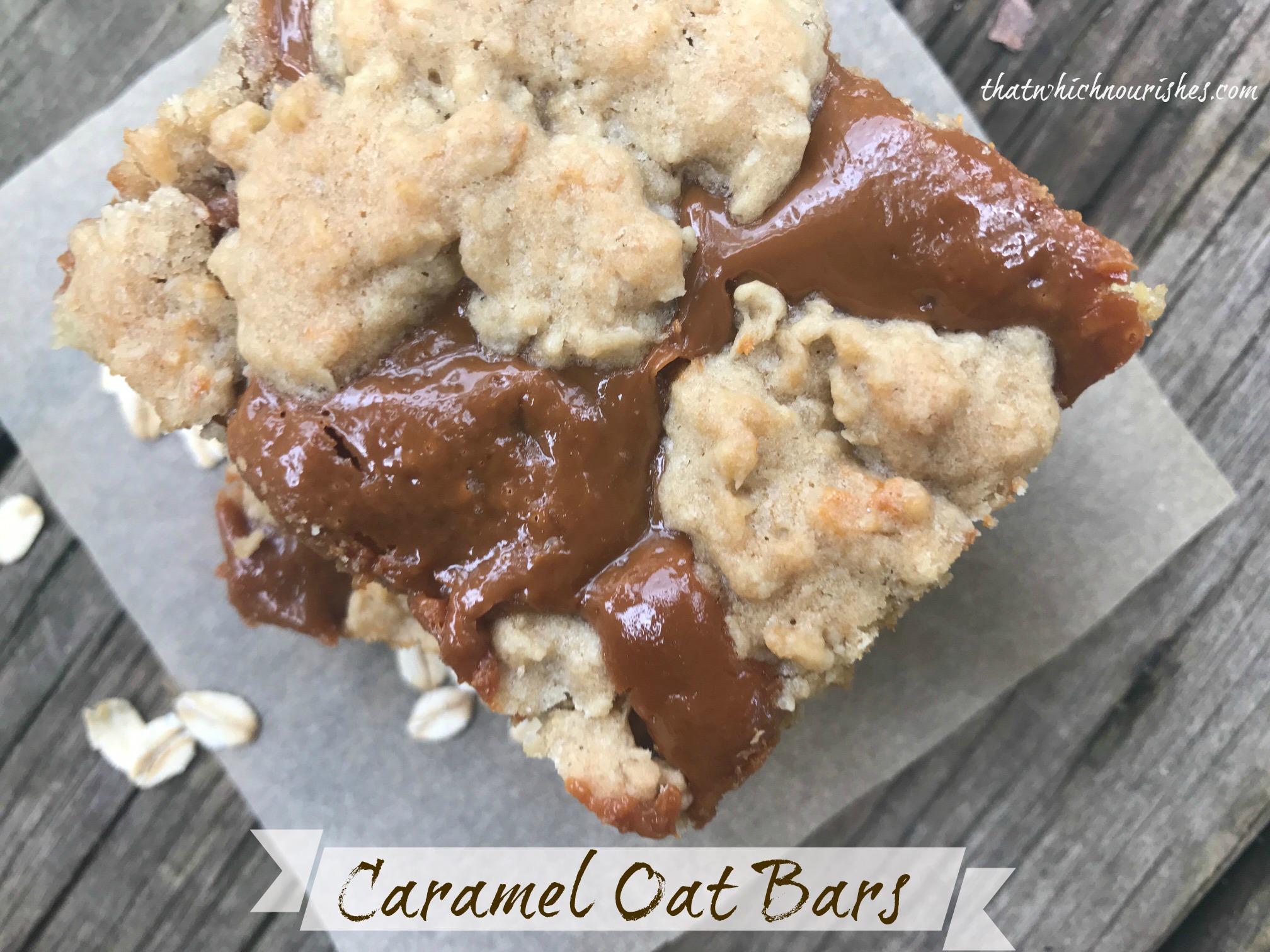 Caramel Oat Bars -- Chewy oatmeal bars are blanketed in a decadent layer of dulce de leche caramel making a rich and delicious dessert that serves a large group. | thatwhichnourishes.com