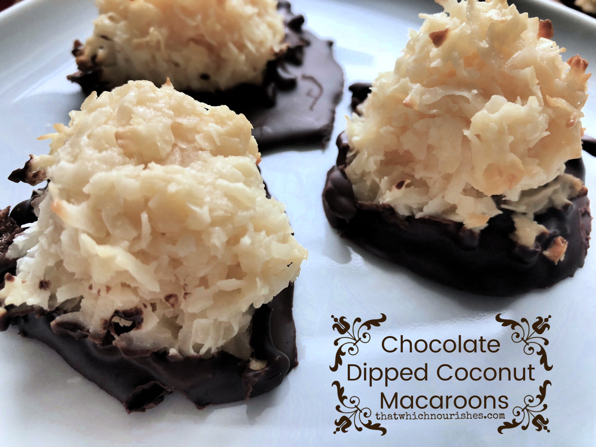 Chocolate Dipped Coconut Macaroons -- Chewy, gooey bites of coconut wading in a pool of chocolate -- these little bites of yum taste like your favorite coconut/chocolate candy bar and are made with just a few ingredients! | thatwhichnourishes.com