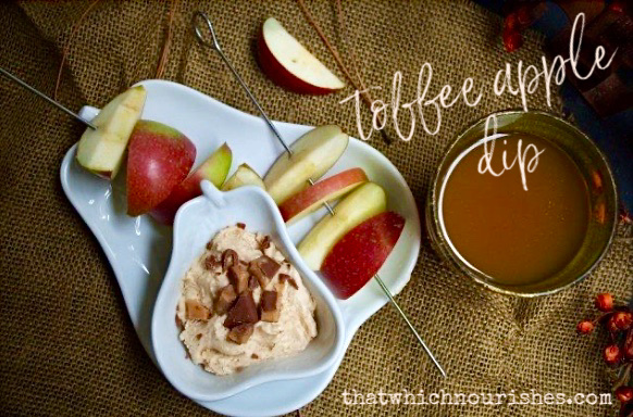 Toffee Apple Dip -- Apples never had it so good. Tangy cream cheese gets sweetened and jazzed up with spices and toffee bits to make an outstanding, drool-worthy dip. | thatwhichnourishes.com