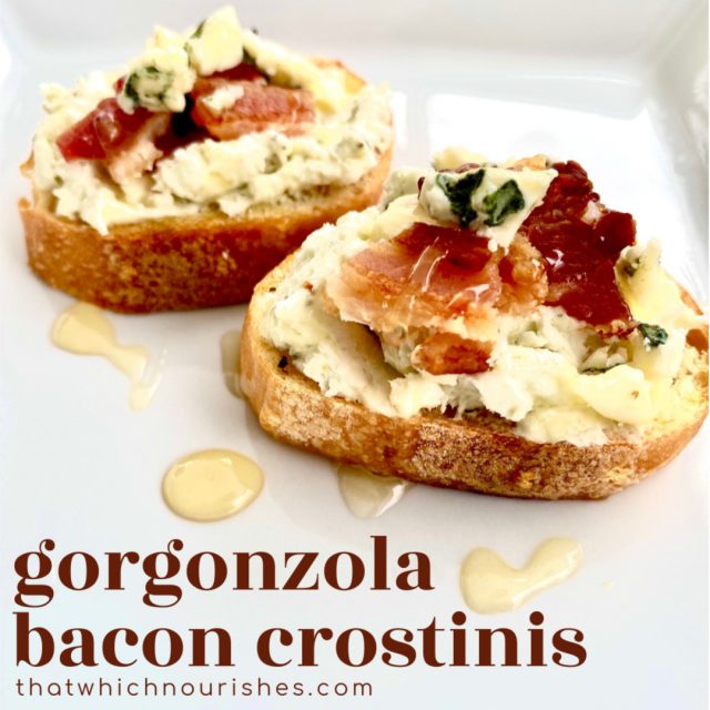 Gorgonzola Bacon Crostinis -- Crispy, seasoned and toasted baguette slices schmeared with a flavorful bleu cheese and cream cheese combination, topped with salty bacon, and drizzled with honey. | thatwhichnourishes.com