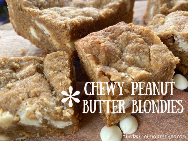 Chewy Peanut Butter Blondies -- Chewy, peanutty, dense in the middle with the perfect corner bites, these babies are studded with white chocolate, simple to make and most delicious to eat! | thatwhichnourishes.com