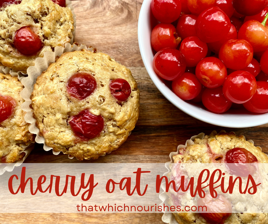 Cherry Oat Muffins -- Hearty oat muffins, studded with whole tart cherries and a hint of almond extract -- hearty, delicious, muffin-perfection! | thatwhichnourishes.com