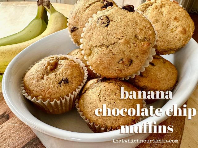 Banana Chocolate Chip Muffins -- The yummiest way to use up those extra bananas! Add chocolate chips for a little extra sweet! | thatwhichnourishes.com