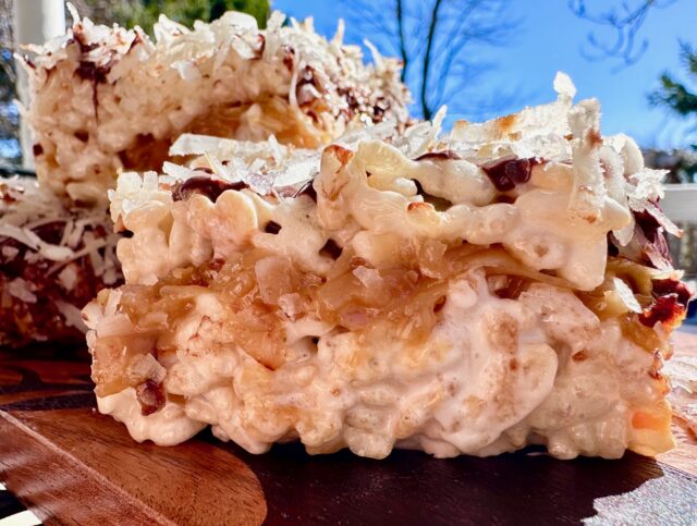 Coconut Caramel Crispy Treats (Samoa Rice Krispie Treats) -- When your favorite cookie marries a marshmallowy crispy treat they have the most delicious dessert you've ever tasted! | thatwhichnourishes.com