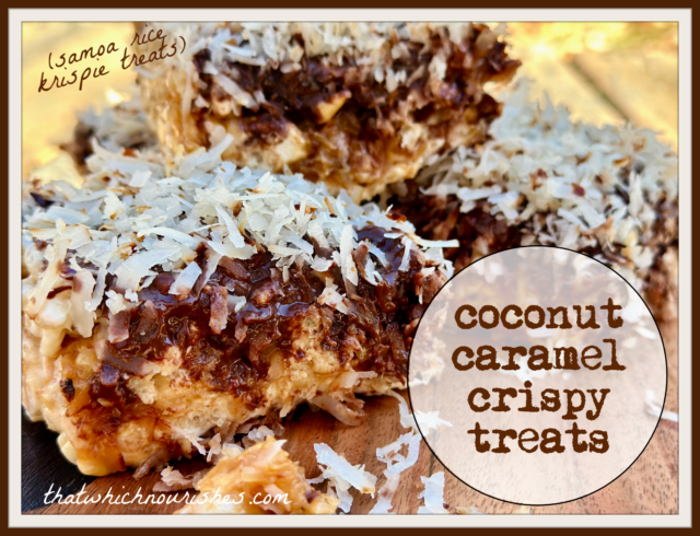 Coconut Caramel Crispy Treats (Samoa Rice Krispie Treats) -- When your favorite cookie marries a marshmallowy crispy treat they have the most delicious dessert you've ever tasted! | thatwhichnourishes.com